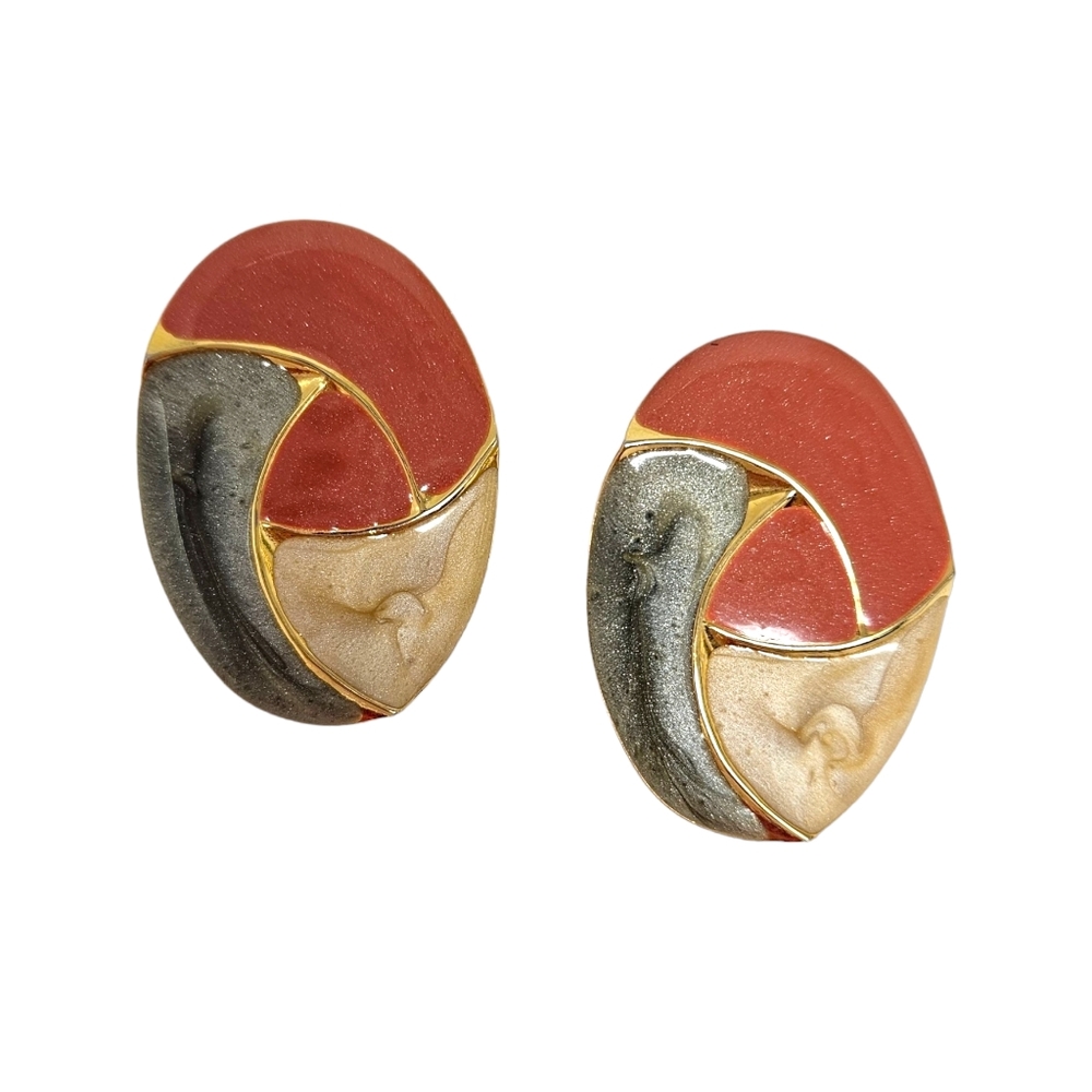 Vintage 80's Swirl Enamel Earrings Gold Tone Pierced